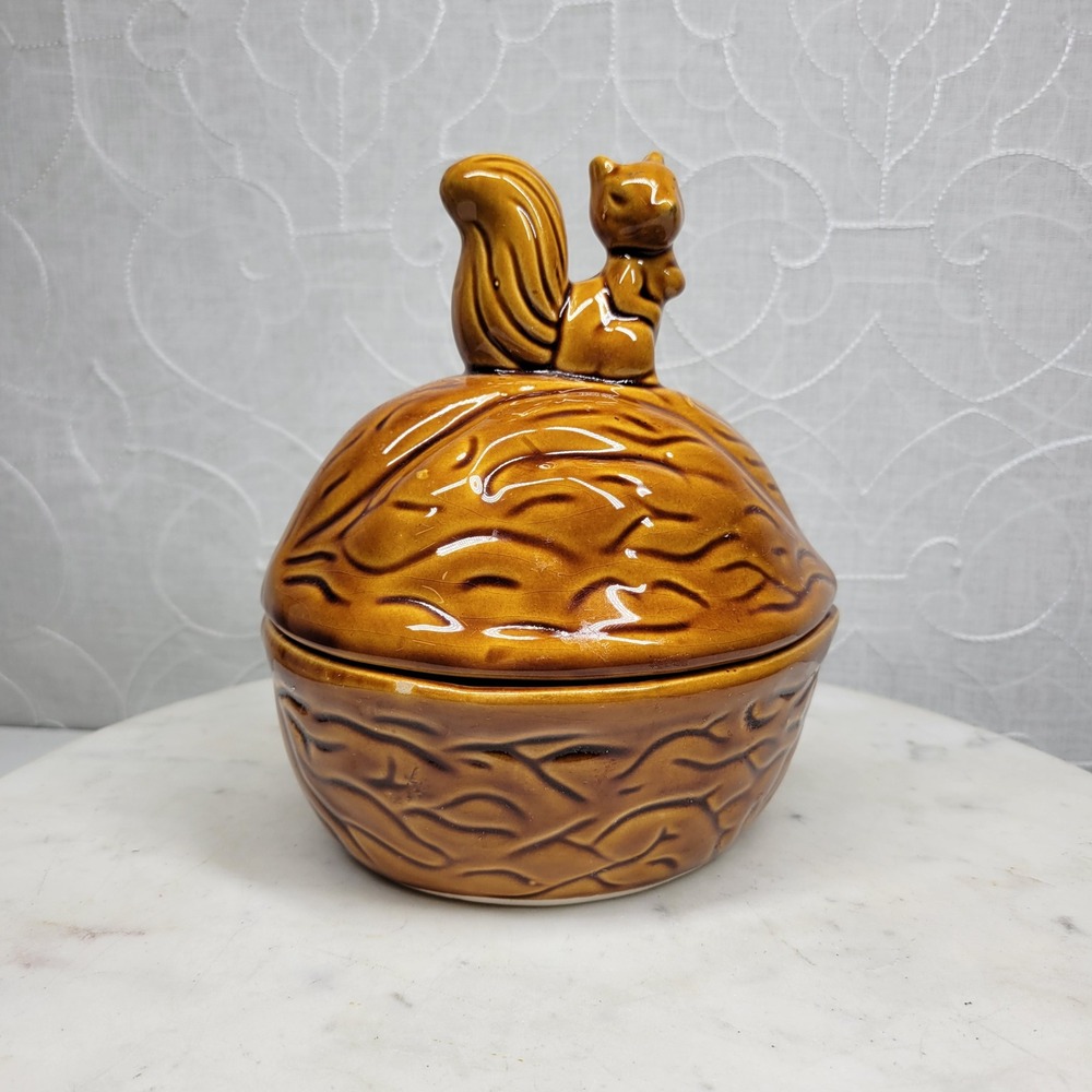 Vintage Taiwan Ceramic Squirrel Nut Dish Canister Brown Glazed Covered Bowl